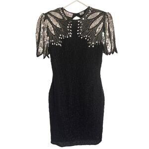 Vintage Silk Beaded Black Silver Costume Mini Dress Size M